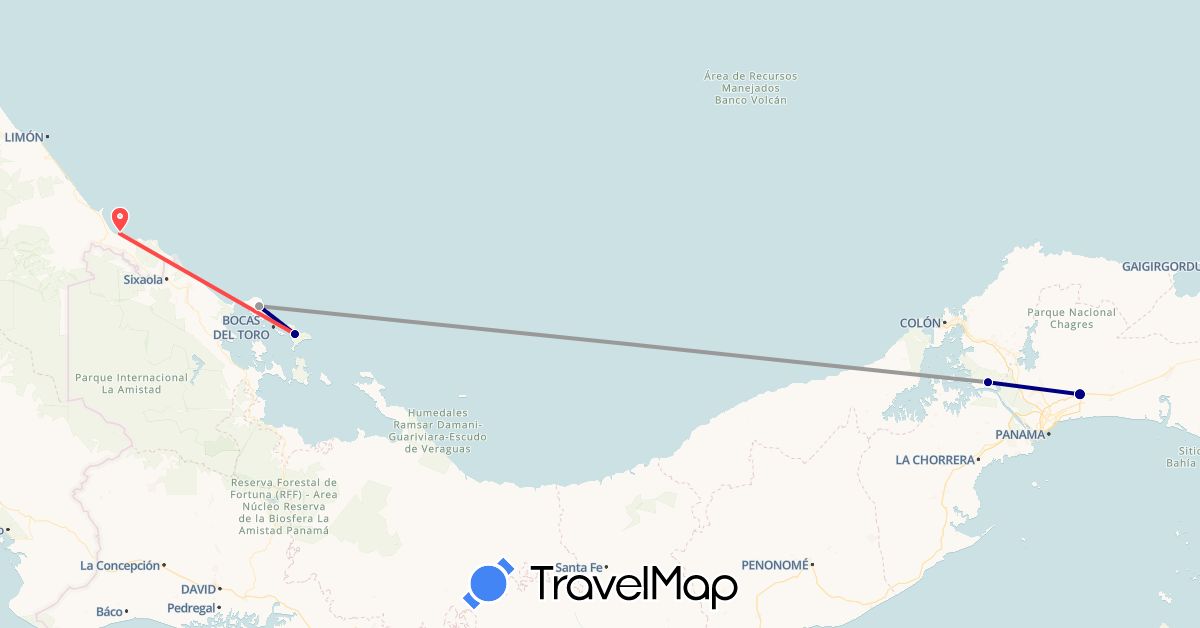 TravelMap itinerary: driving, plane, hiking in Costa Rica, Panama (North America)